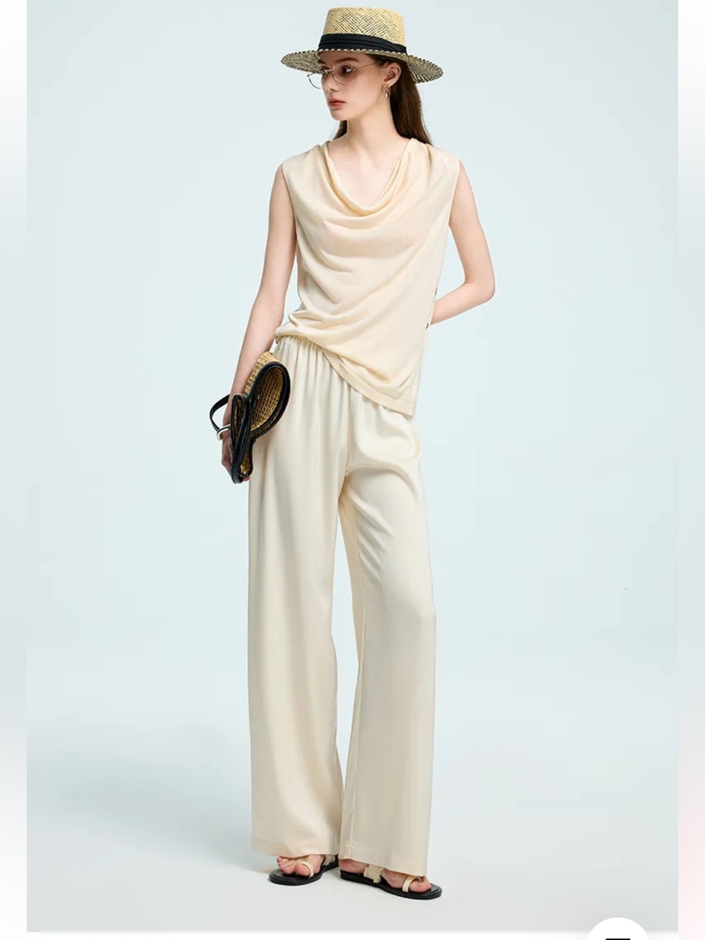 NATCH Acetate Wide Leg Pull-On Pants | Cream Relaxed Palazzo Summer Trousers S